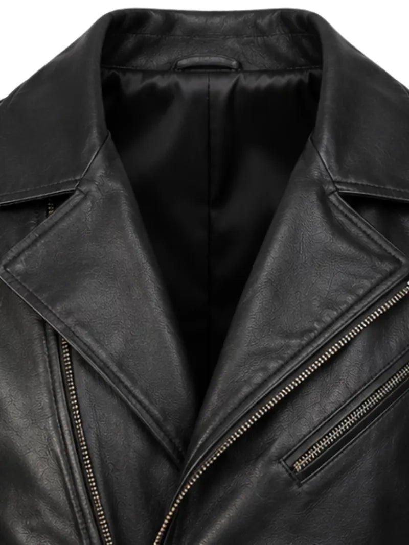 Men's black sheepskin leather jacket, zip and closure detail
