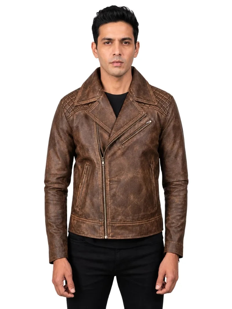 Men's black sheepskin leather jacket, side view