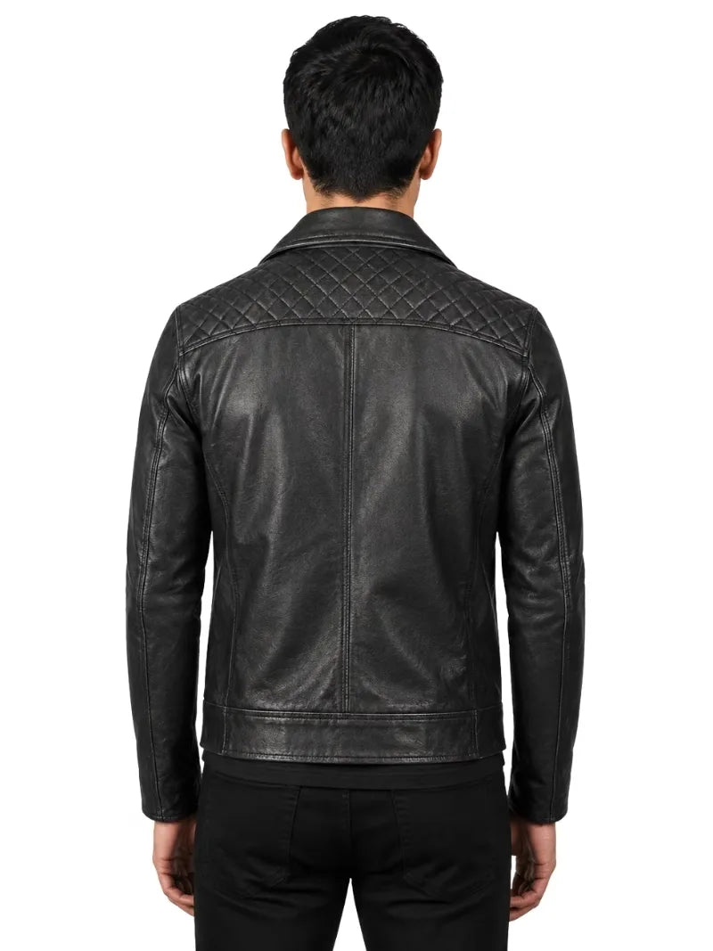 Men's black sheepskin leather jacket, back view