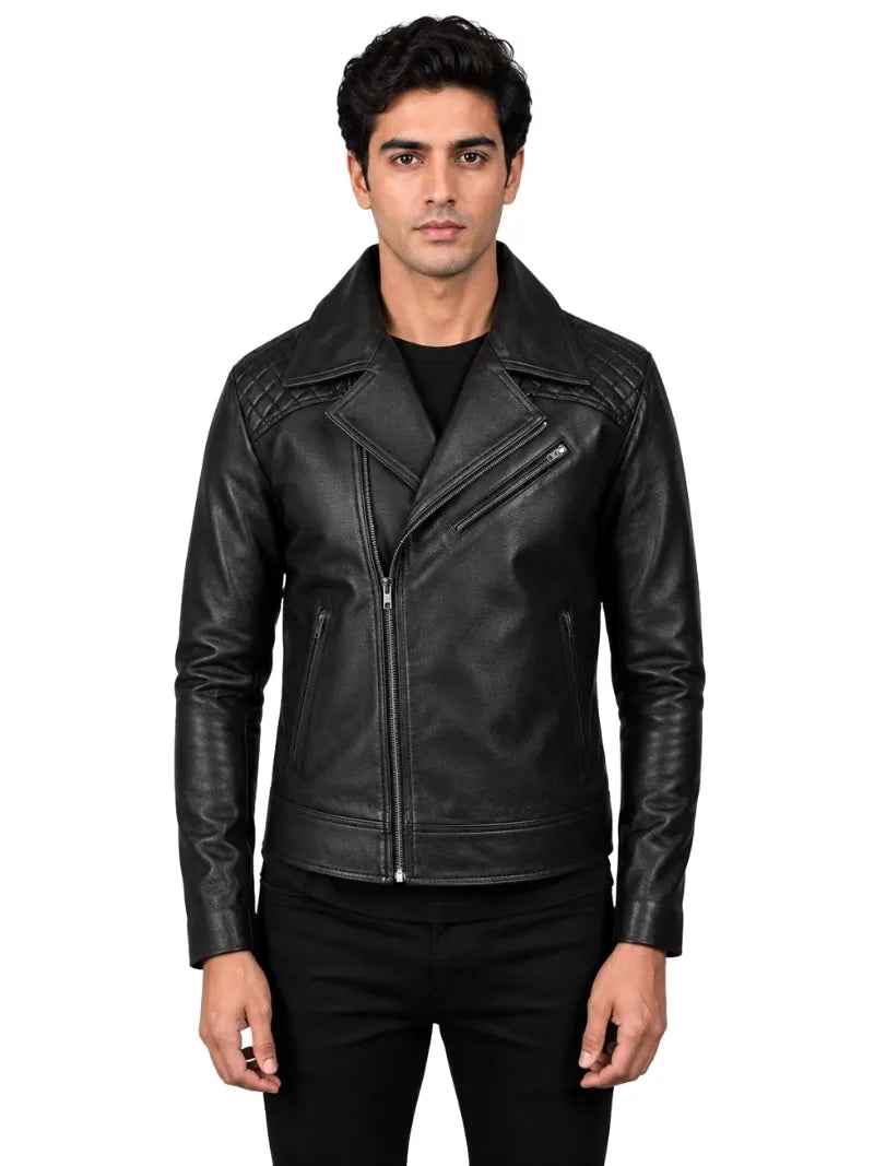 Men's black sheepskin leather jacket, front view