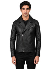 Men's black sheepskin leather jacket, front view