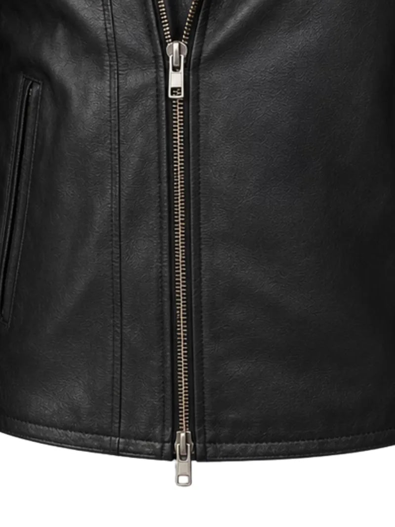 Men's black sheepskin leather jacket, pocket detail