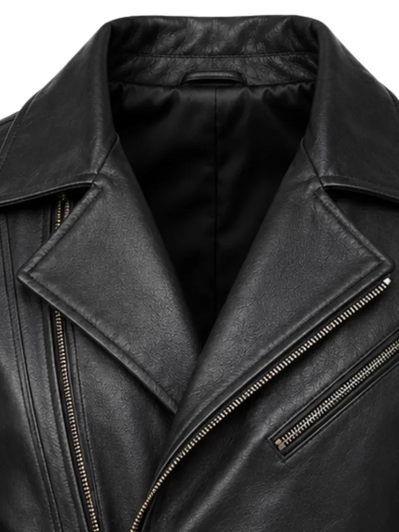 Men's black sheepskin leather jacket, zip and closure detail