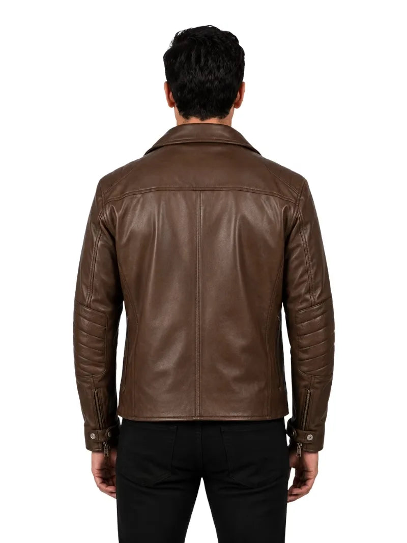 Men's black sheepskin leather jacket, collar detail