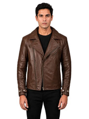 Men's black sheepskin leather jacket, side view
