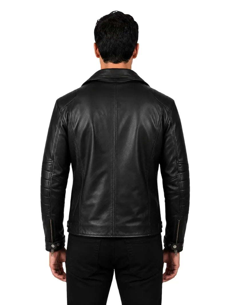 Men's black sheepskin leather jacket, back view