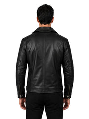 Men's black sheepskin leather jacket, back view