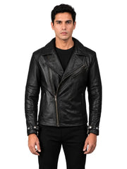 Men's black sheepskin leather jacket, front view