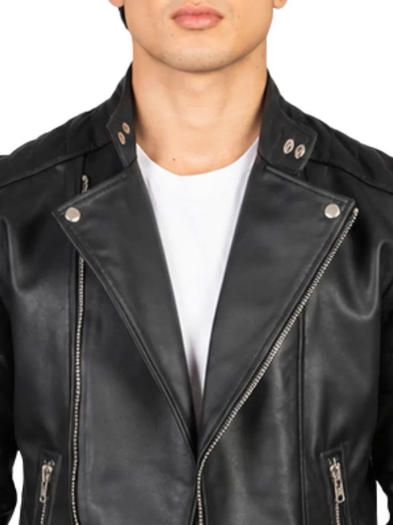 Men's black sheepskin leather jacket, zip and closure detail