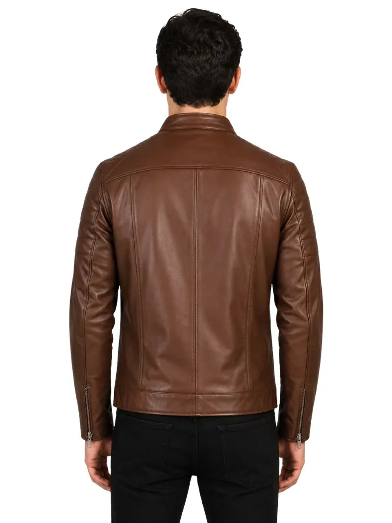 Men's black sheepskin leather jacket, collar detail