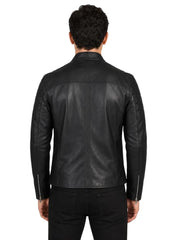 Men's black sheepskin leather jacket, back view