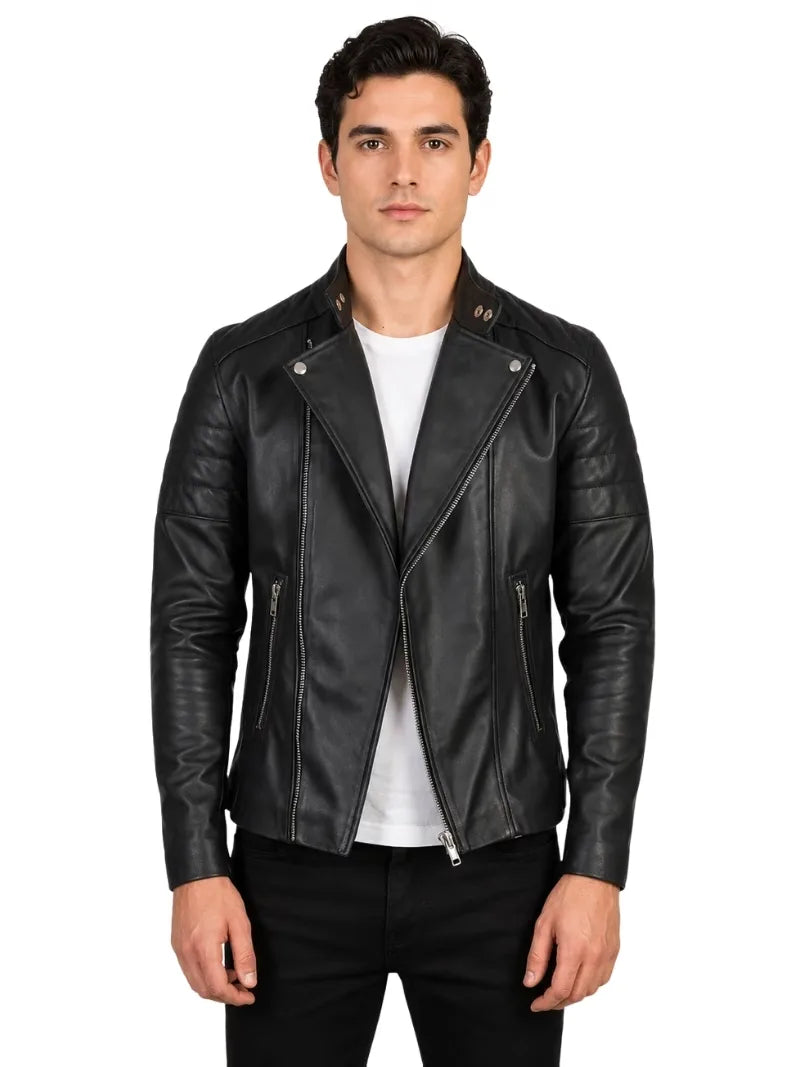 Men's black sheepskin leather jacket, front view