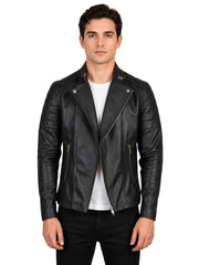 Men's black sheepskin leather jacket, front view