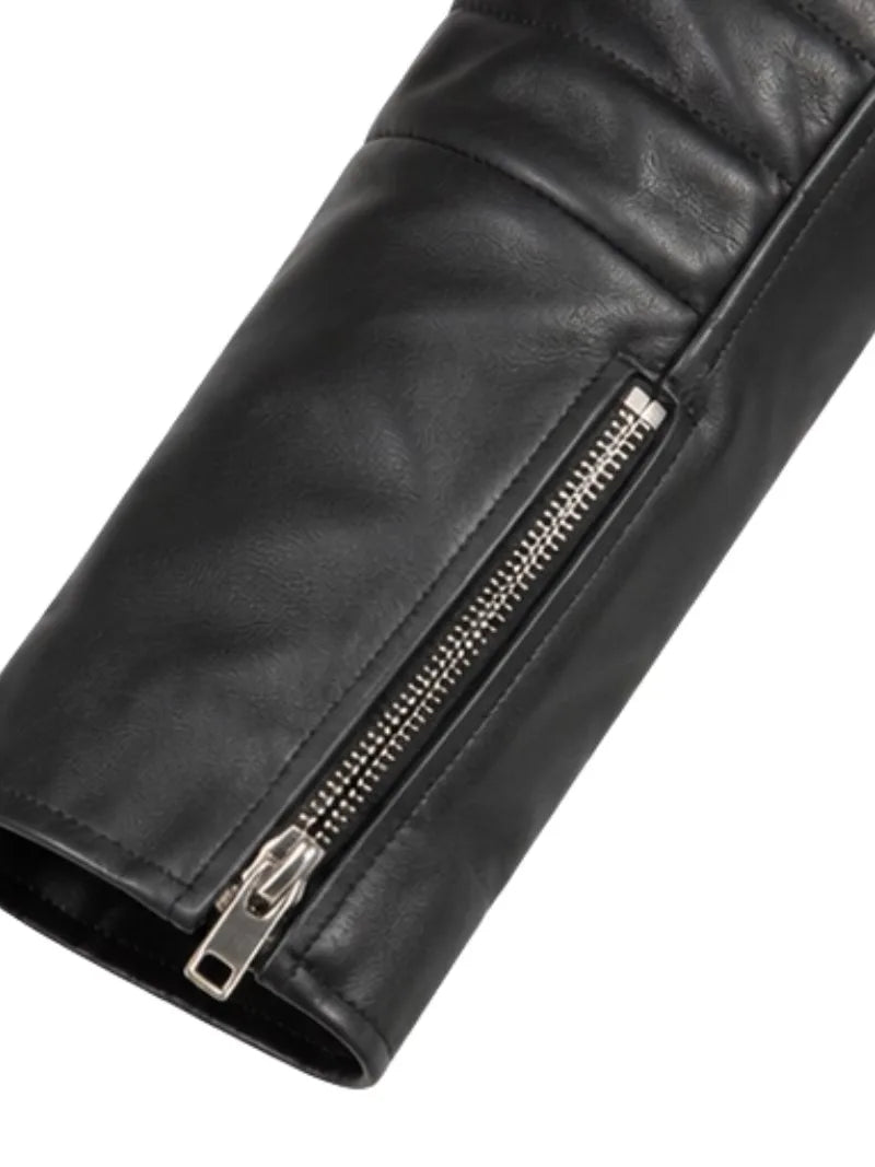 Men's black sheepskin leather jacket, lining detail