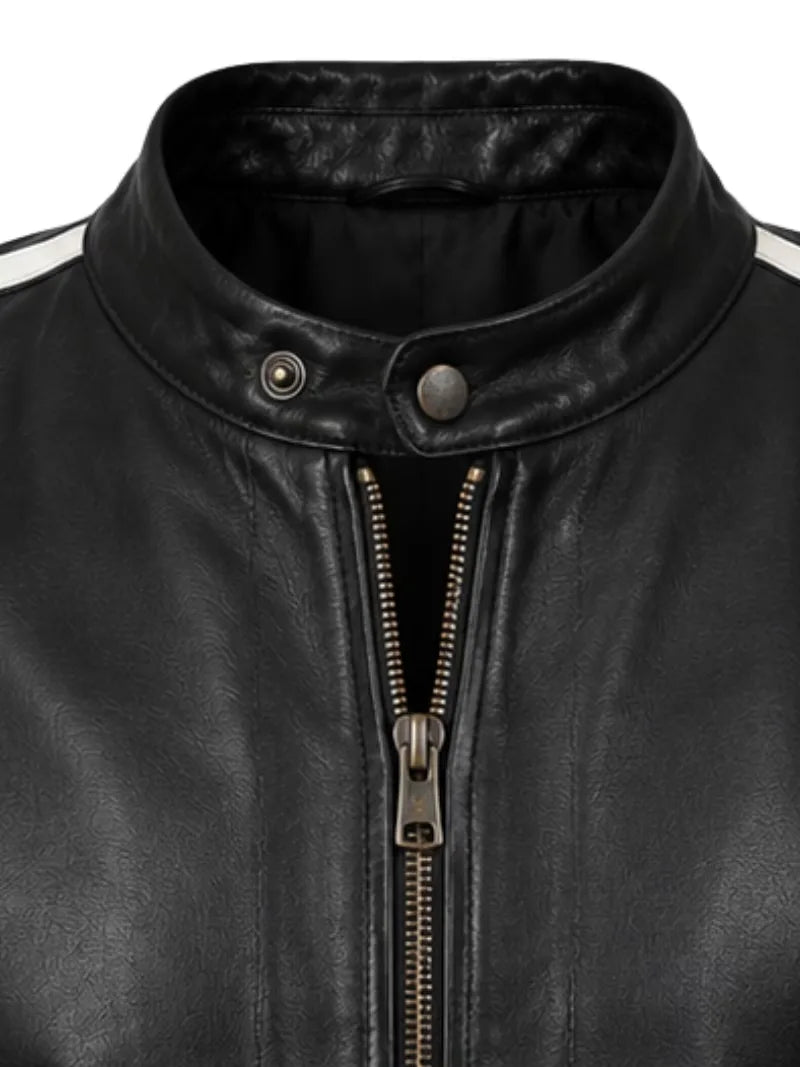 Men's black sheepskin leather jacket, zip and closure detail