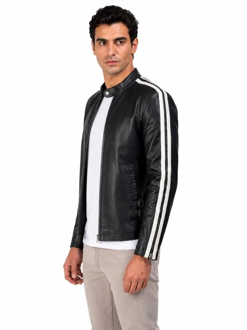 Men's black sheepskin leather jacket, collar detail
