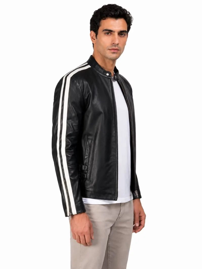 Men's black sheepskin leather jacket, side view