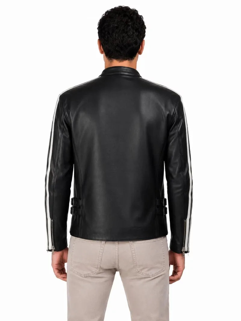 Men's black sheepskin leather jacket, back view