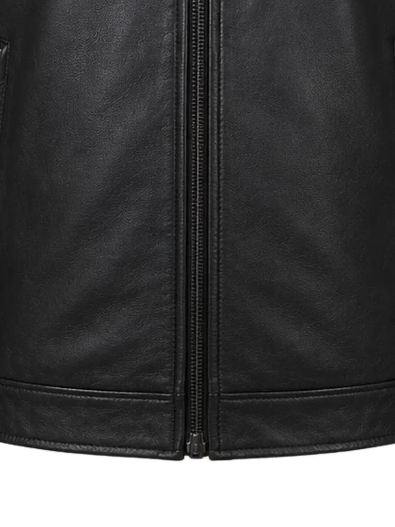 Men's black sheepskin leather jacket, pocket detail