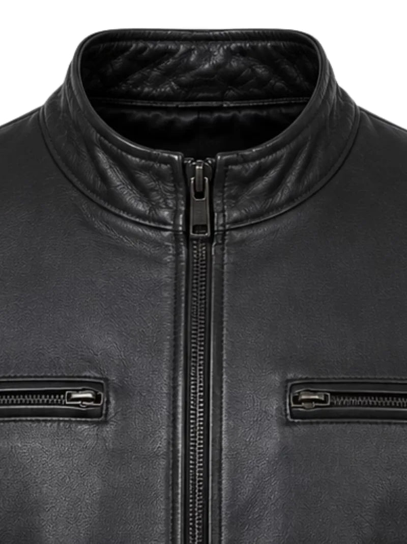 Men's black sheepskin leather jacket, zip and closure detail
