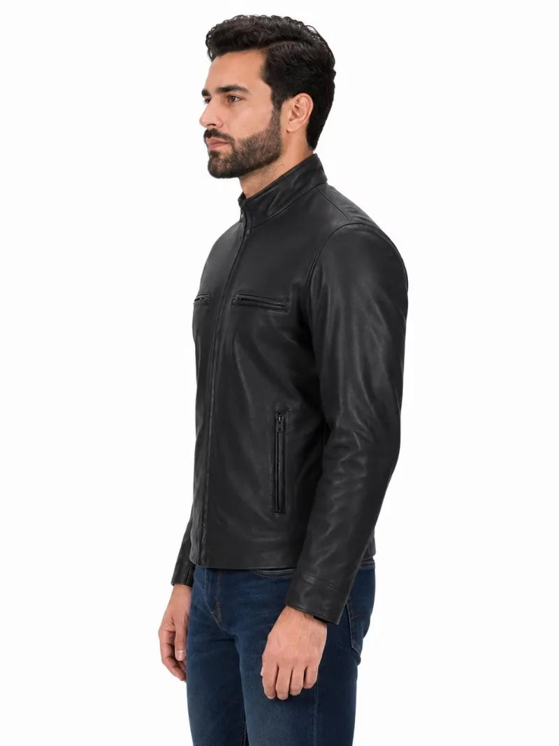 Men's black sheepskin leather jacket, collar detail