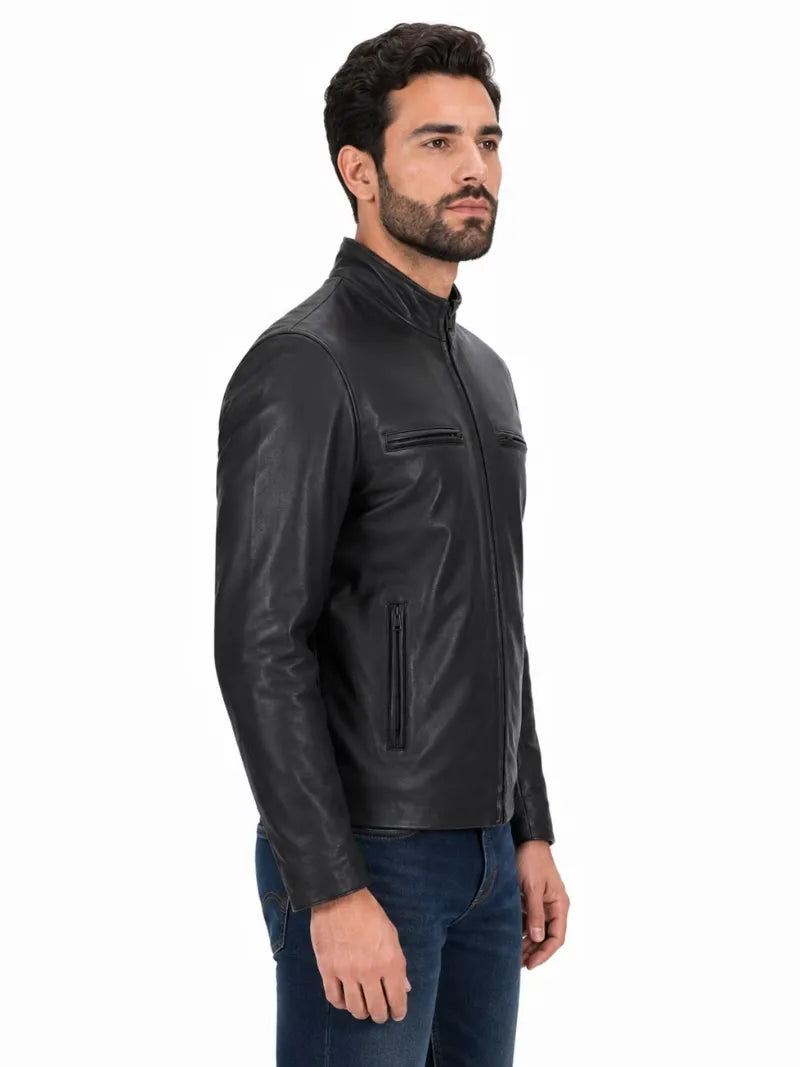 Men's black sheepskin leather jacket, side view