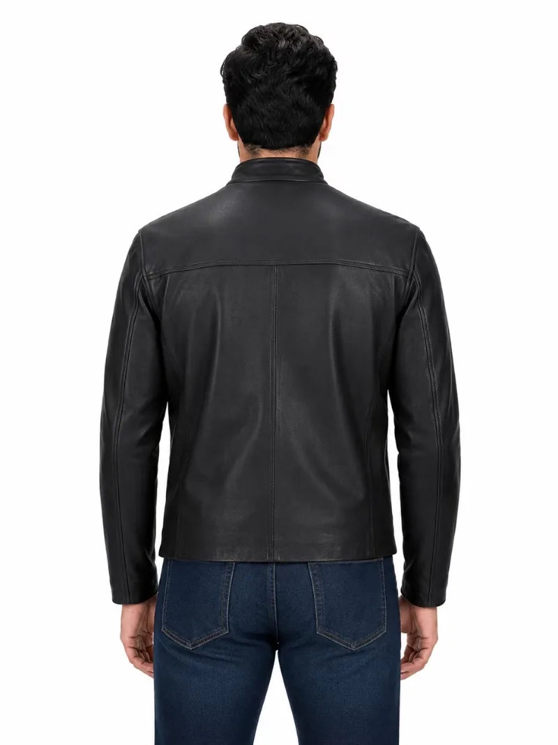 Men's black sheepskin leather jacket, back view