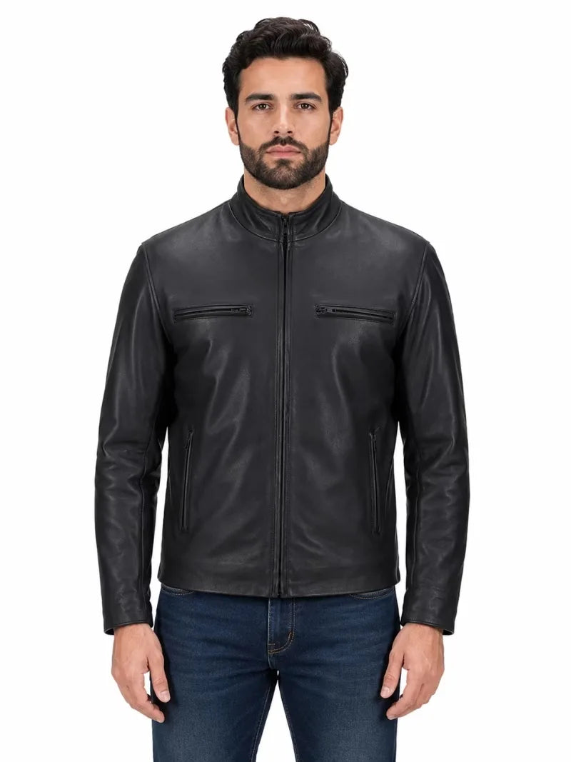 Men's black sheepskin leather jacket, front view