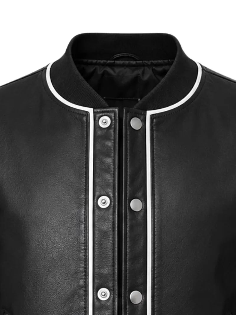 Men's black sheepskin leather jacket, zip and closure detail