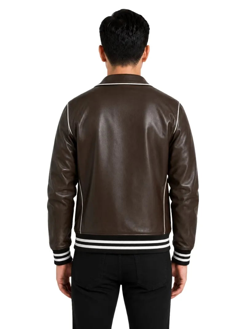 Men's black sheepskin leather jacket, collar detail