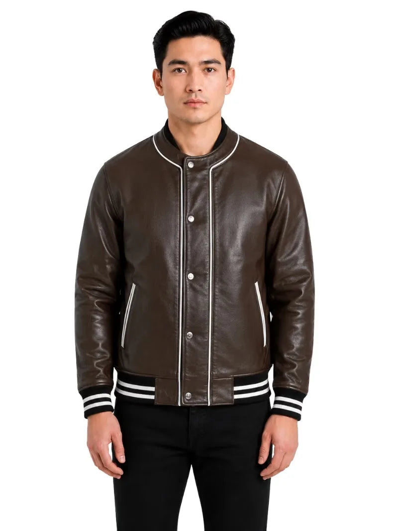 Men's black sheepskin leather jacket, side view