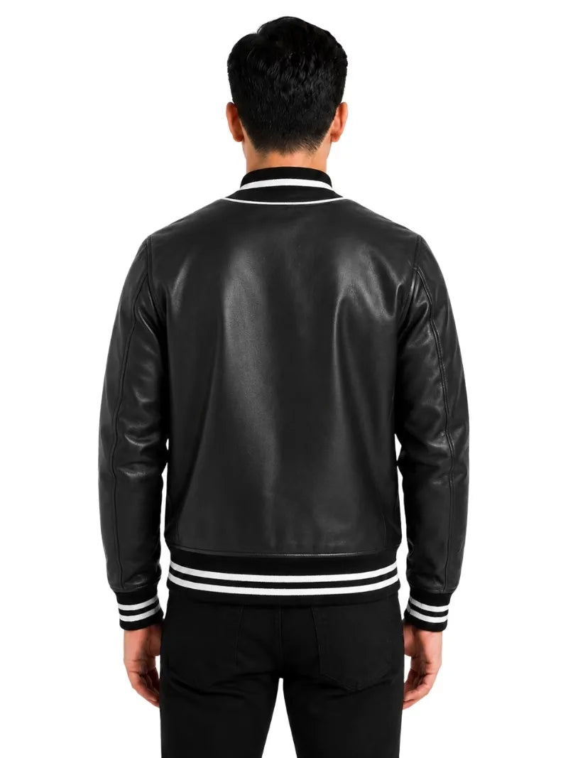 Men's black sheepskin leather jacket, back view