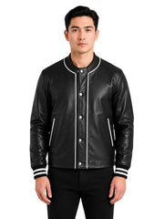 Men's black sheepskin leather jacket, front view