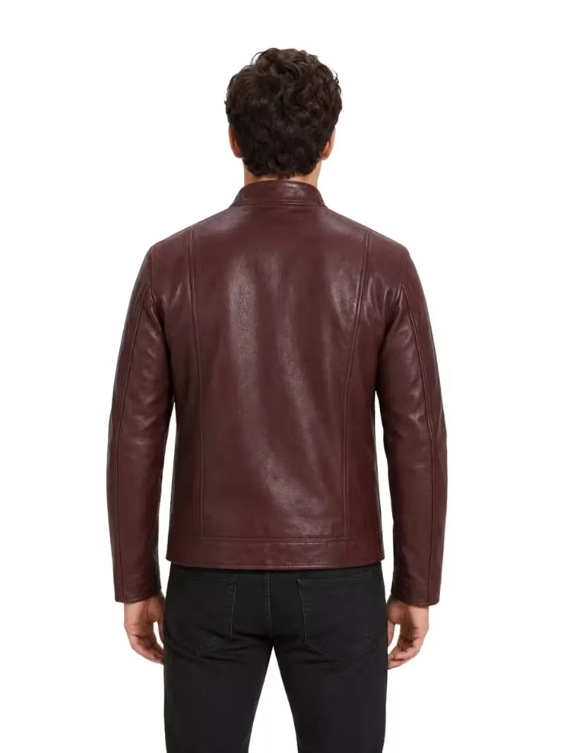 Men's black sheepskin leather jacket, back view