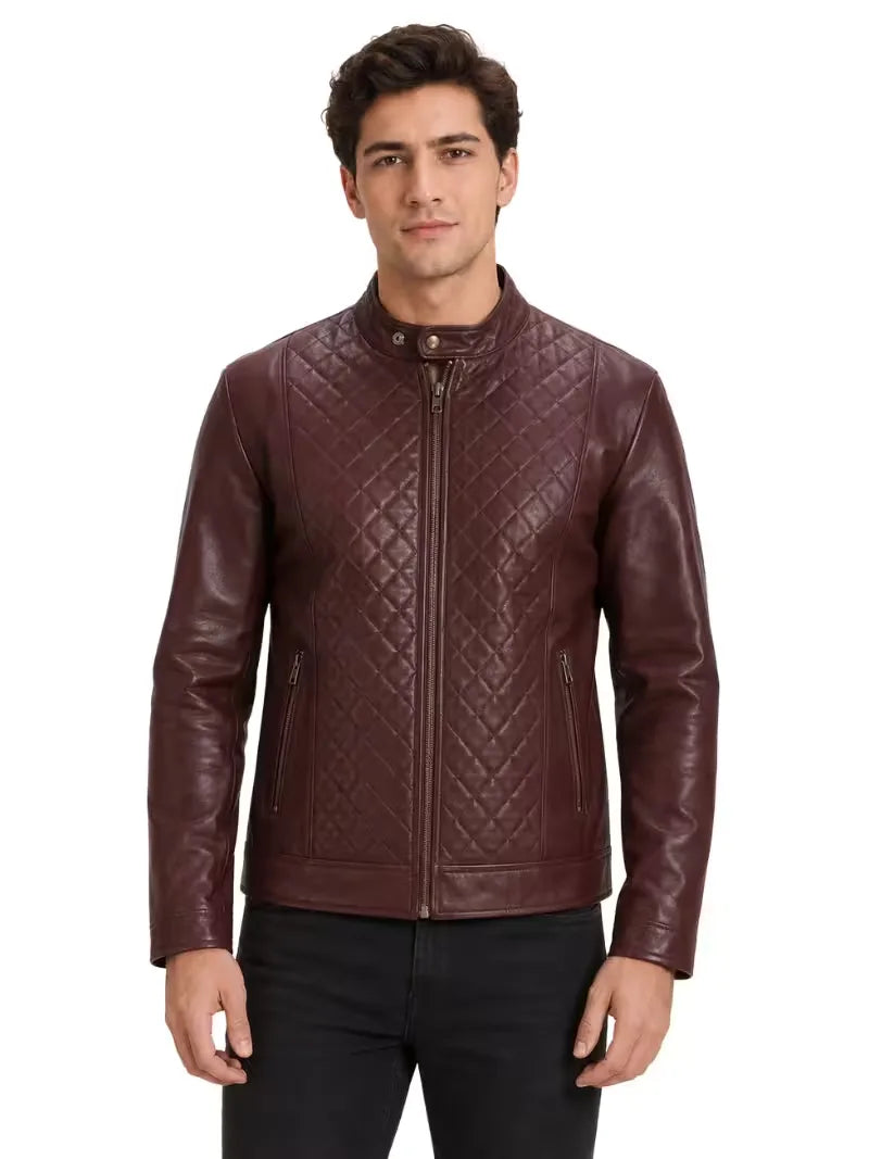 Men's black sheepskin leather jacket, front view
