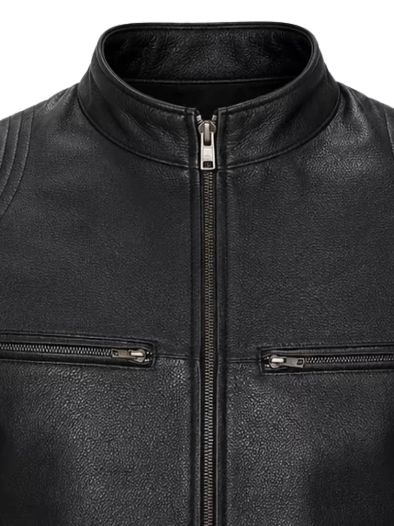Men's black sheepskin leather jacket, zip and closure detail