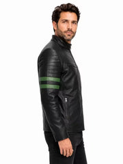 Men's black sheepskin leather jacket, collar detail