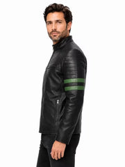 Men's black sheepskin leather jacket, side view