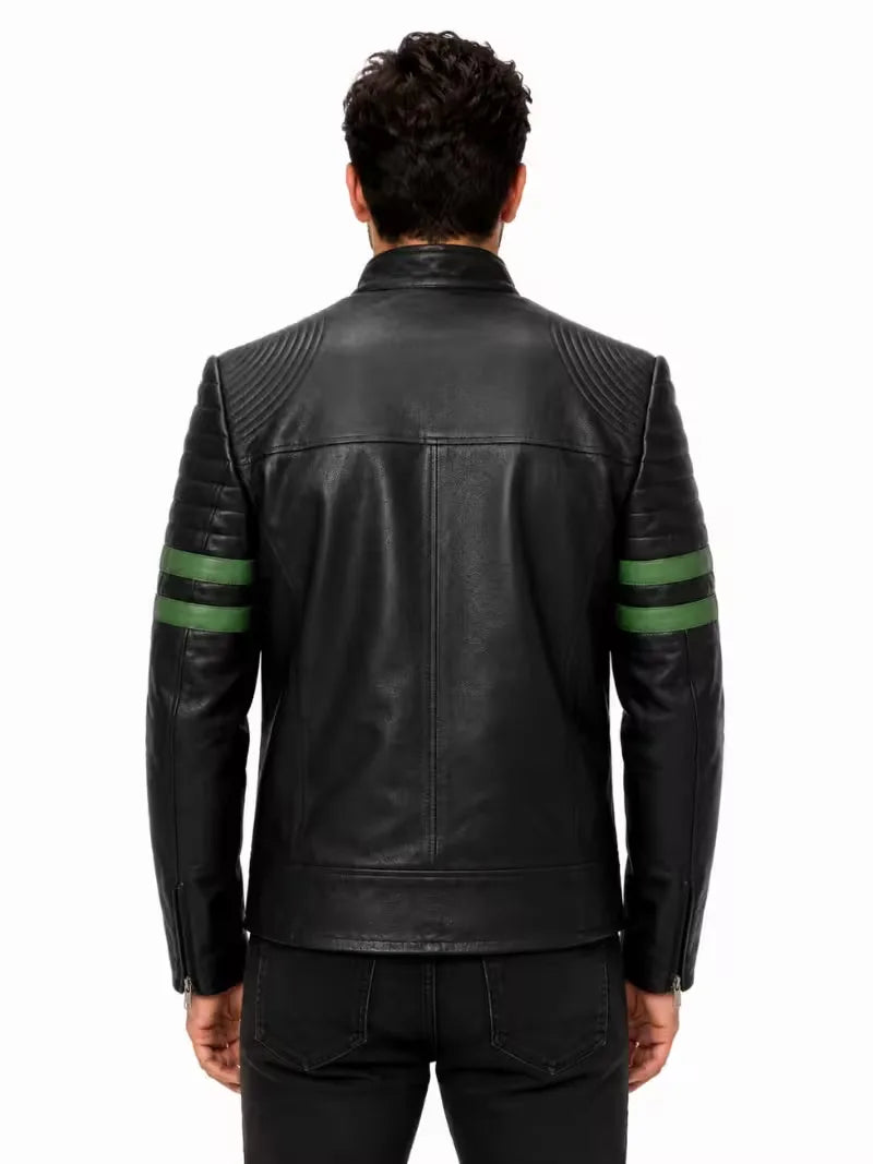 Men's black sheepskin leather jacket, back view