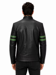 Men's black sheepskin leather jacket, back view