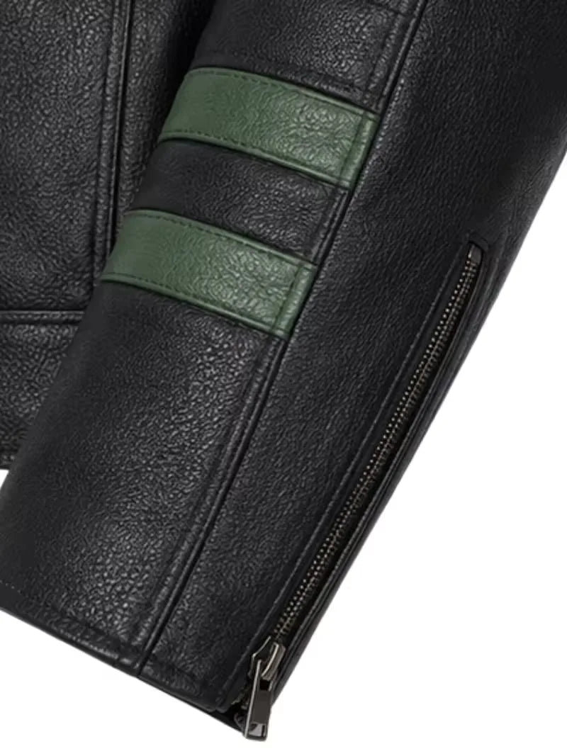 Men's black sheepskin leather jacket, lining detail