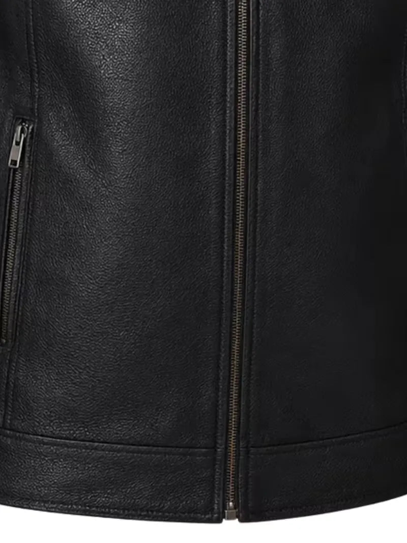 Men's black sheepskin leather jacket, pocket detail