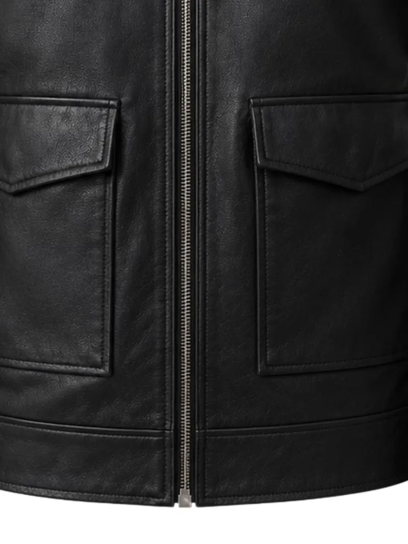 Men's black sheepskin leather jacket, pocket detail