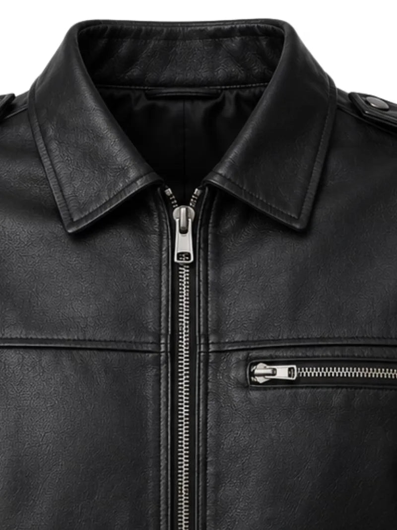 Men's black sheepskin leather jacket, zip and closure detail