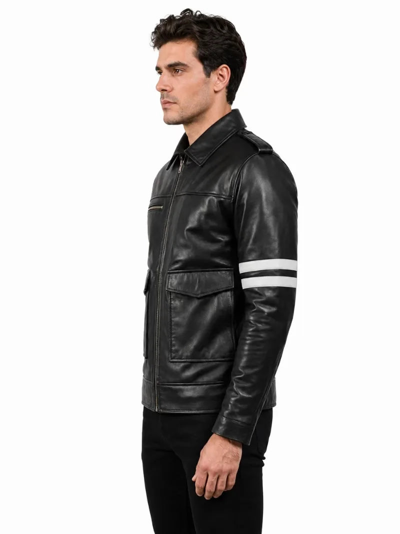 Men's black sheepskin leather jacket, collar detail