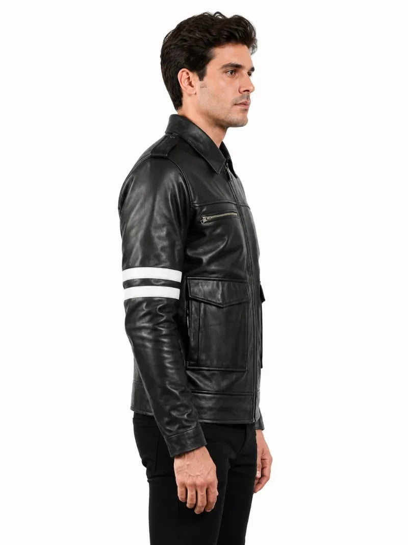 Men's black sheepskin leather jacket, side view