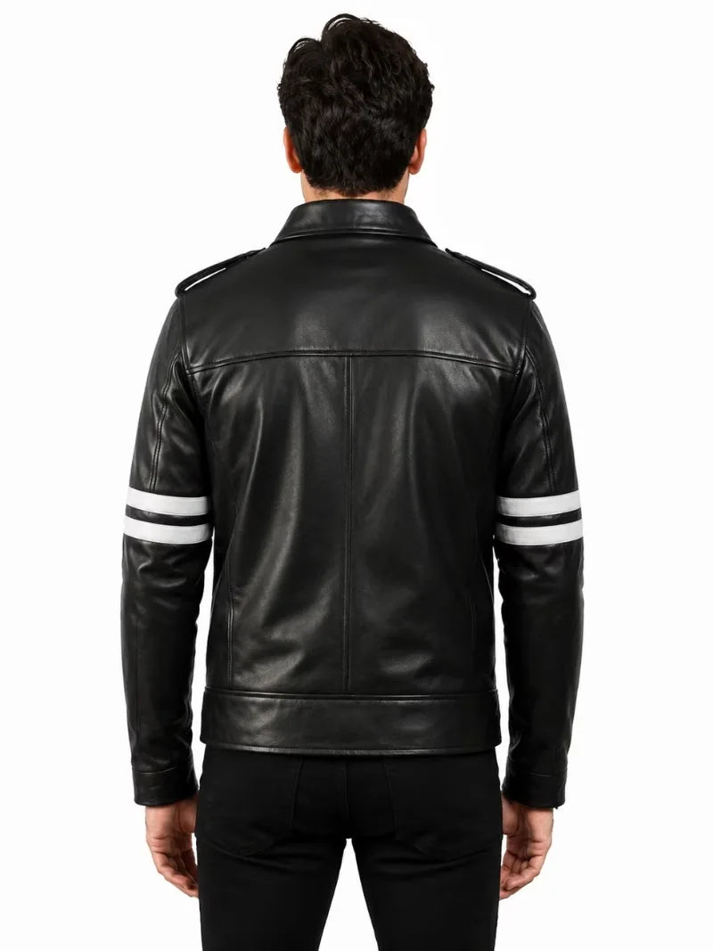 Men's black sheepskin leather jacket, back view