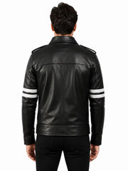 Men's black sheepskin leather jacket, back view