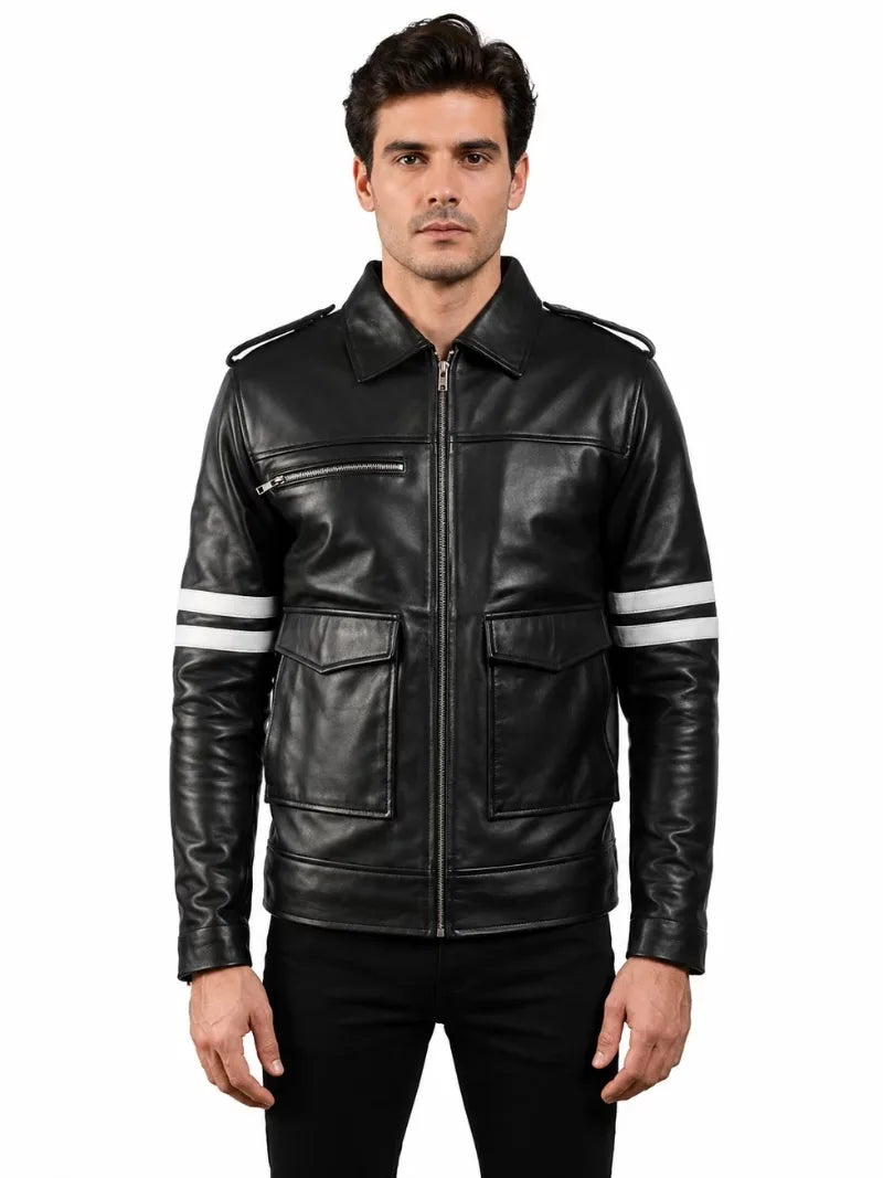 Men's black sheepskin leather jacket, front view