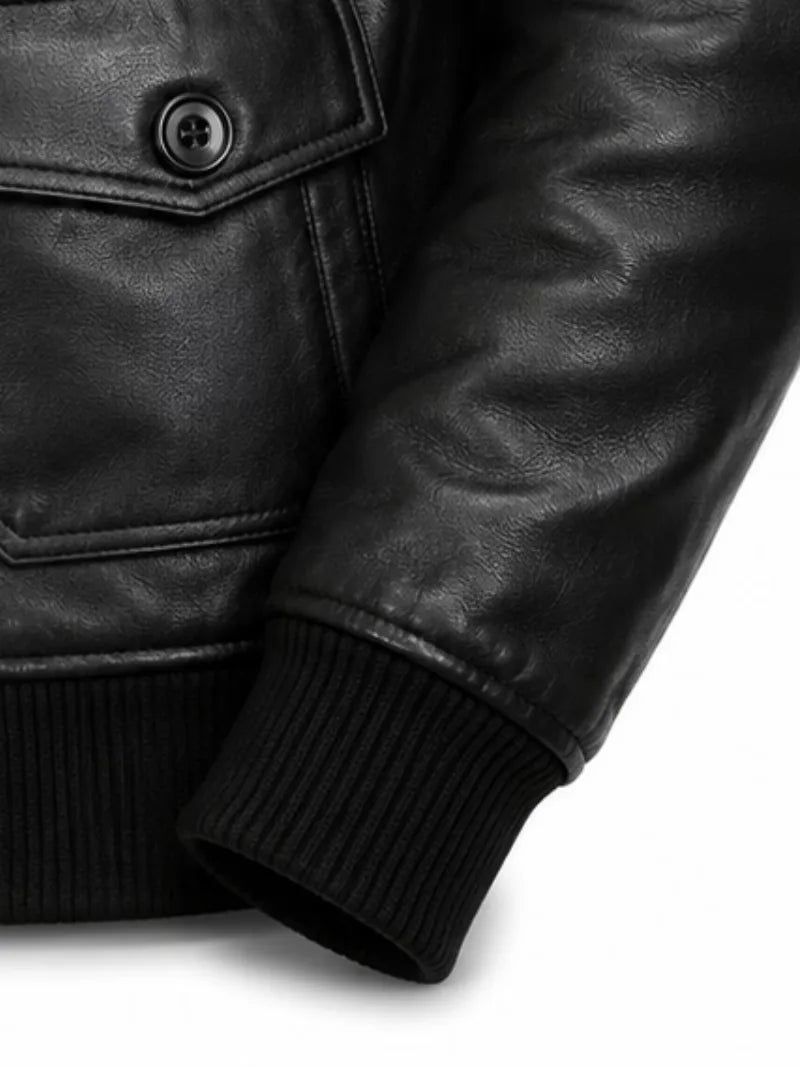 Men's black shearling leather jacket, lining detail
